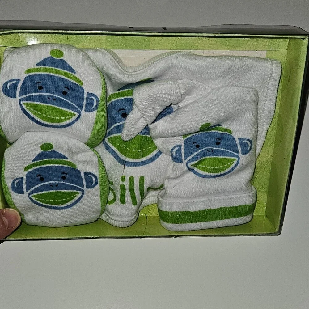 NEW Monkeez & Friends Gift Set Baby 3-6 Months Sock Monkey Hat Booties Bib Lot